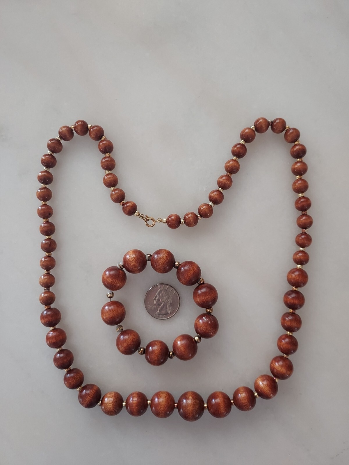 Vintage 27″ Wood Bead Necklace & Bracelet 2 Piece Set
