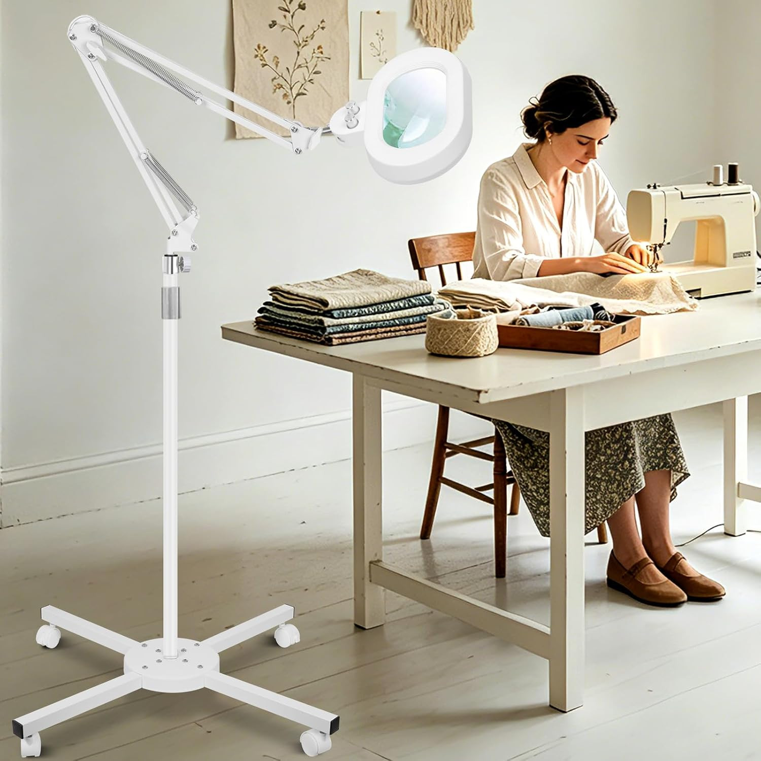 12X Floor Magnifying Glass with Light, 4 Wheel Stable Stand Base | Three-Axis Ro