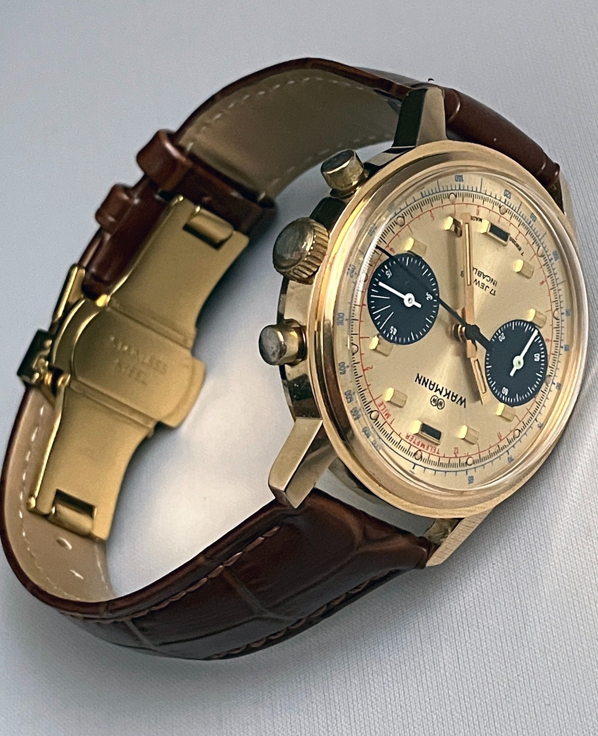 Vintage Wakmann 1376 Chronograph Valjoux 7733 Gold-tone, Working Well