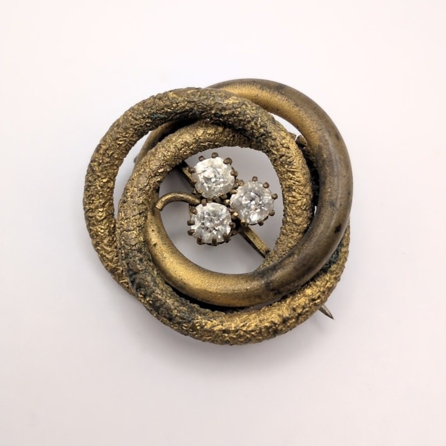 VTG Antique Love Knot Paste Rhinestone Tube Hinge C-Clasp Gold Tone Brooch Pin