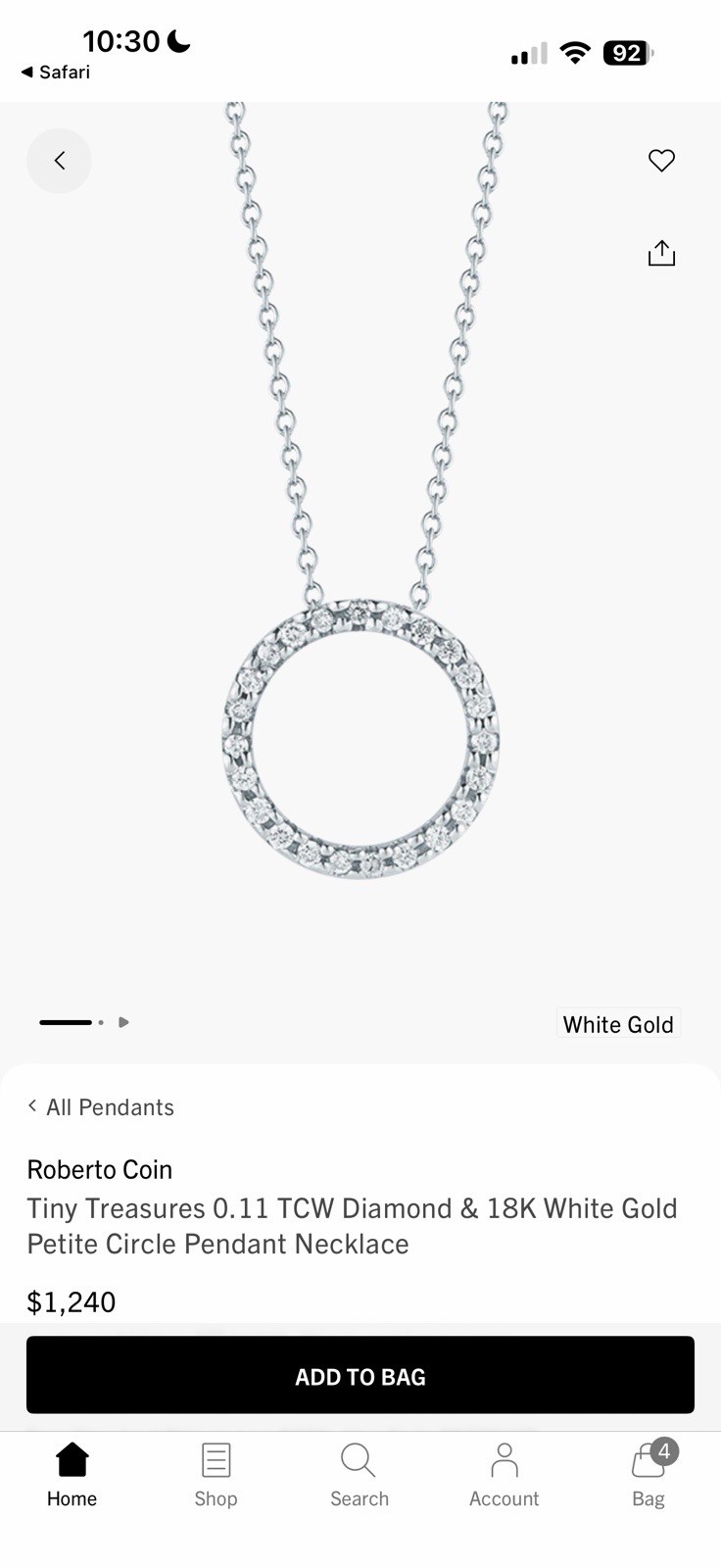 Roberto Coin Tiny Treasures Diamond Pendant Necklace 18K White Gold 0.09ct 18″