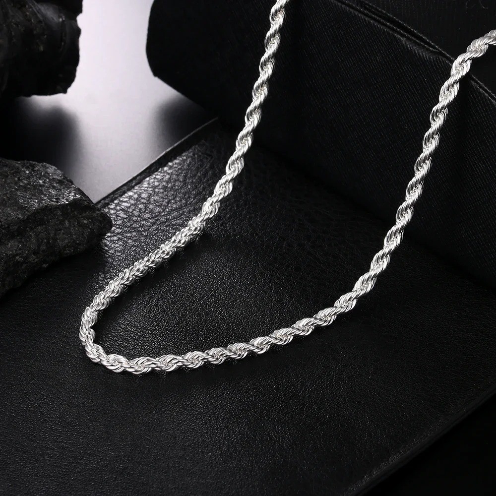 925 Sterling Silver Italian Rope Chain Mens Necklace 4mm Diamond Cut