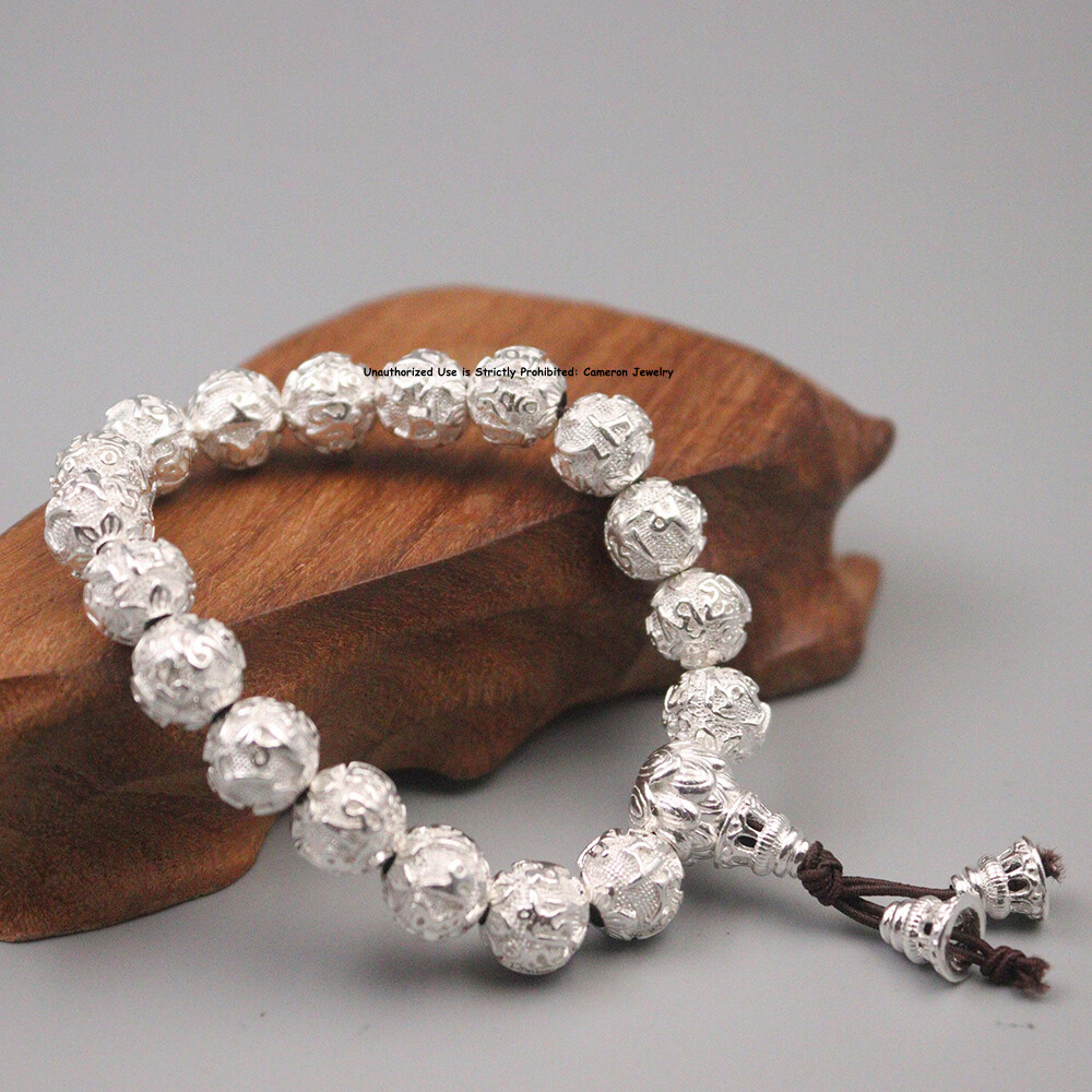 Pure S999 Fine Silver 999 Bangle 10mm Six Words Round Beads Bracelet 46-47g