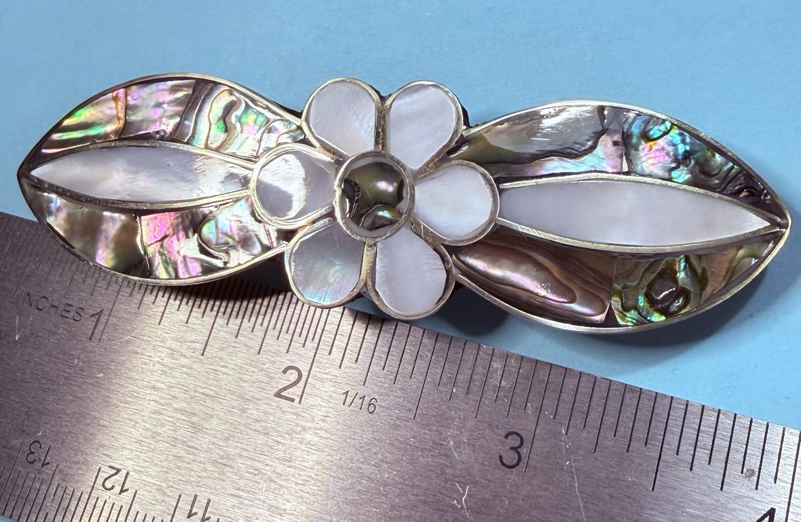 Abalone And Mother Of Pearl Shell Inlay Flower Hair Clip 3.5 Inches