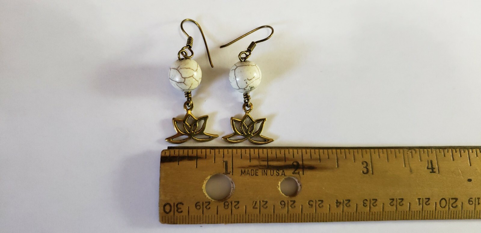 Handmade Southeast Asia Cambodia Ethnic White Stone Lotus Brass Earrings Jewelry