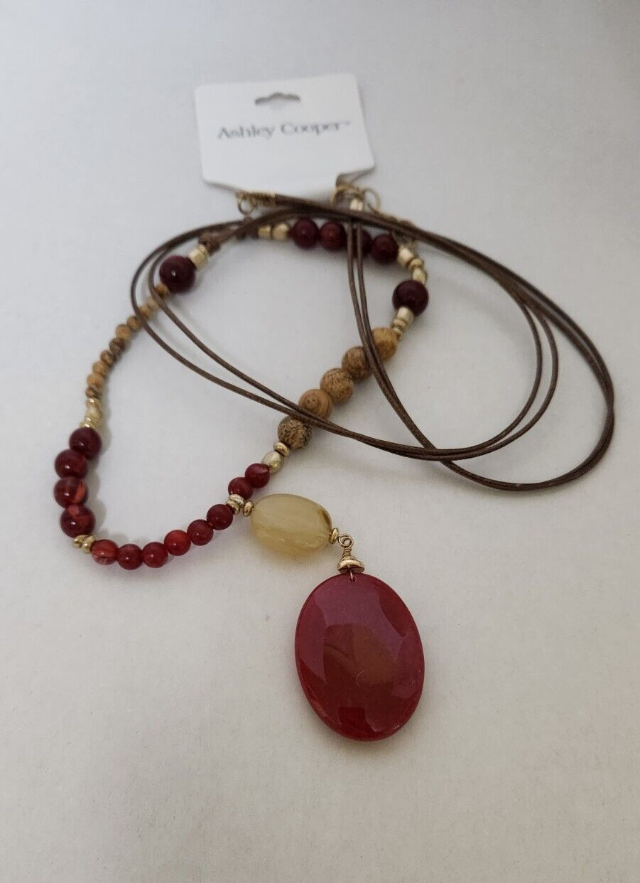 Ashley Cooper Multi Strand String Beaded Necklace with Semi-Precious Stone Red