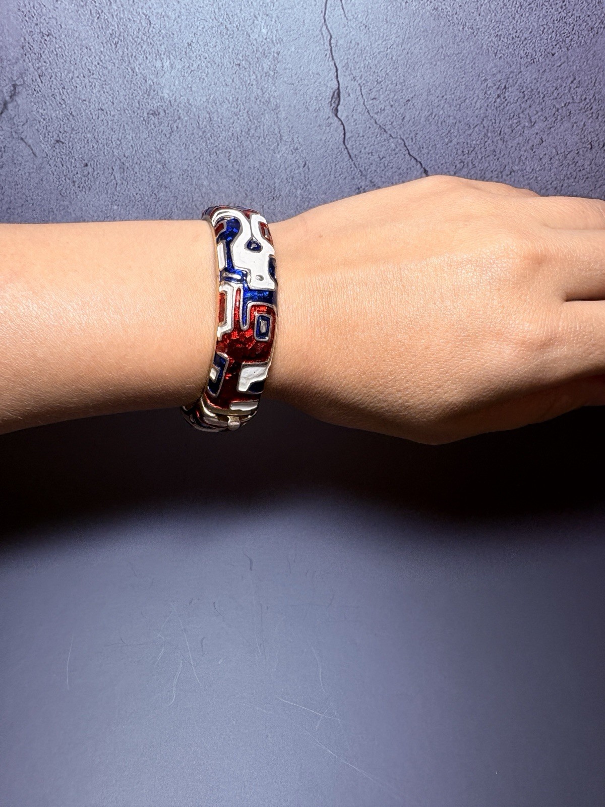 Vintage Marcel Boucher Red White Blue Enamel Hinged Bangle Bracelet Patriotic