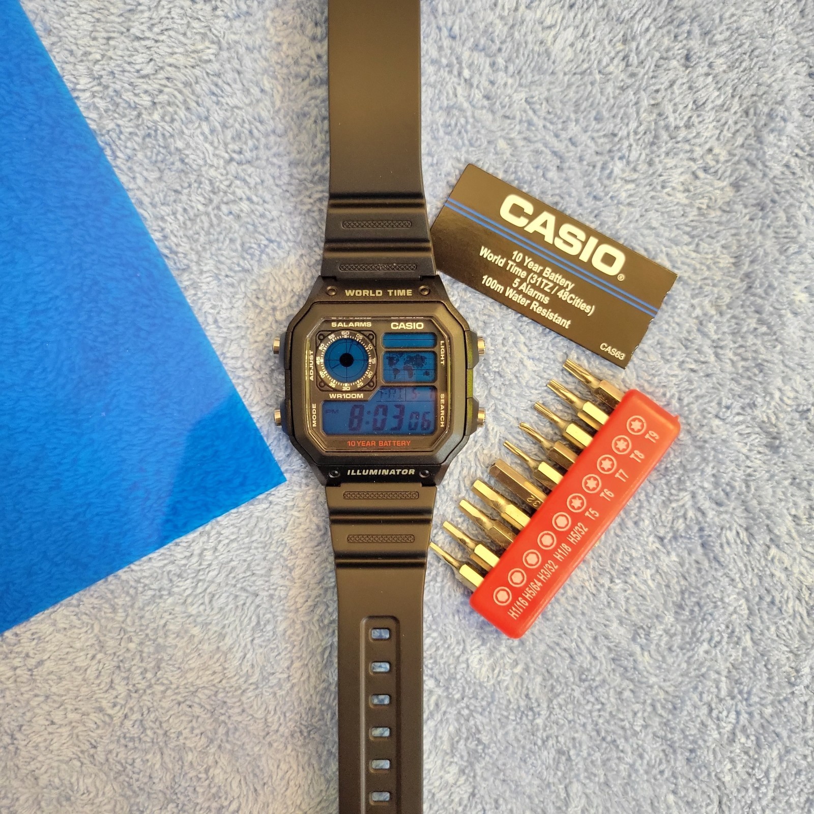 “Electric blue” Casio Royale (AE1200) Custom World Time Watch Mod Blue, New