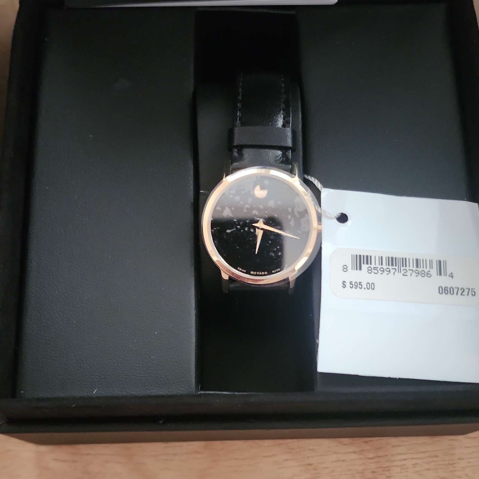 Movado Museum Women’s Quartz Black Dial Gold-Tone Case Black Leather Strap w/Box