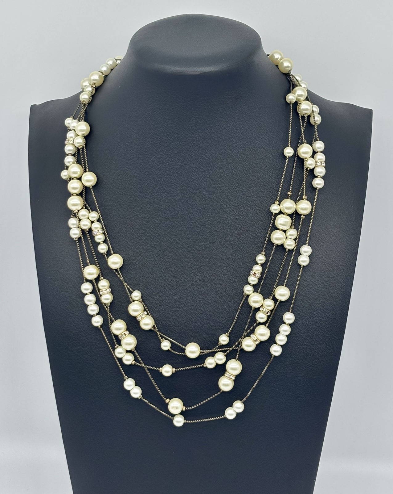 Coldwater Creek Multi-Strand Necklace Faux Pearls With Pave Set Rhinestone Beads