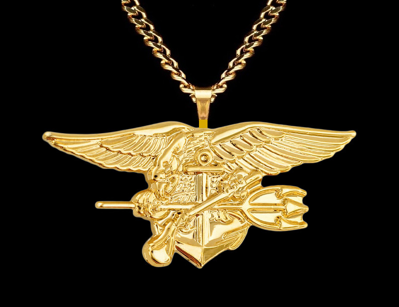 USN NAVY SEALS Necklace – 1 1/2″ Wingspan Gold Emblem Insignia Pendant – SUPERB