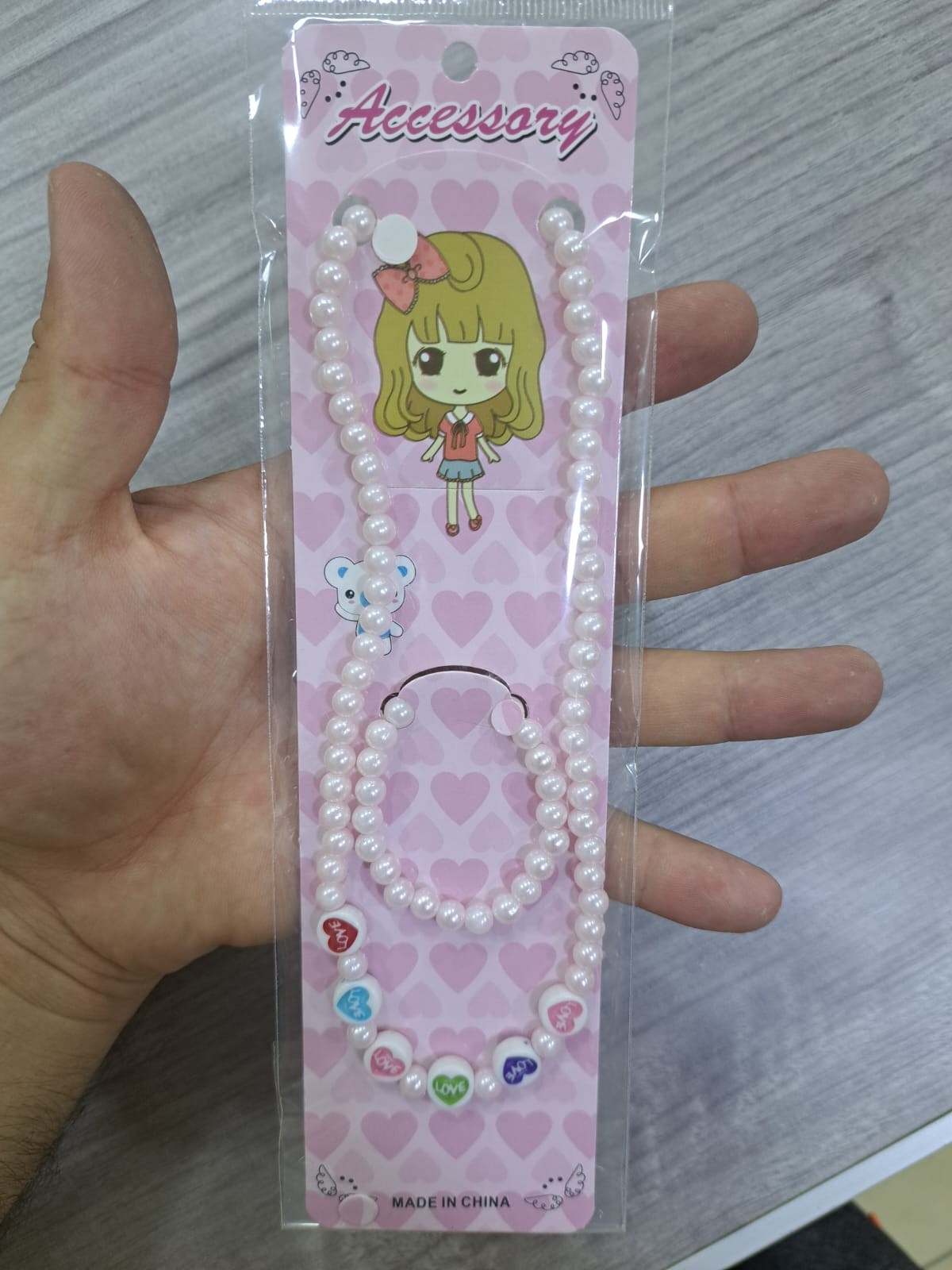 NWT Chibi Anime Girl Faux Pearl Necklace & Bracelet Jewelry Set – Cute, Pink Hea
