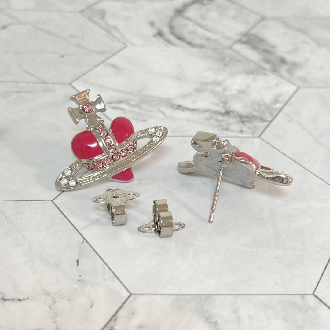 Vivienne Westwood Earrings Pierce Diamante Heart Silver Pink 2.5 cm w/drawstring