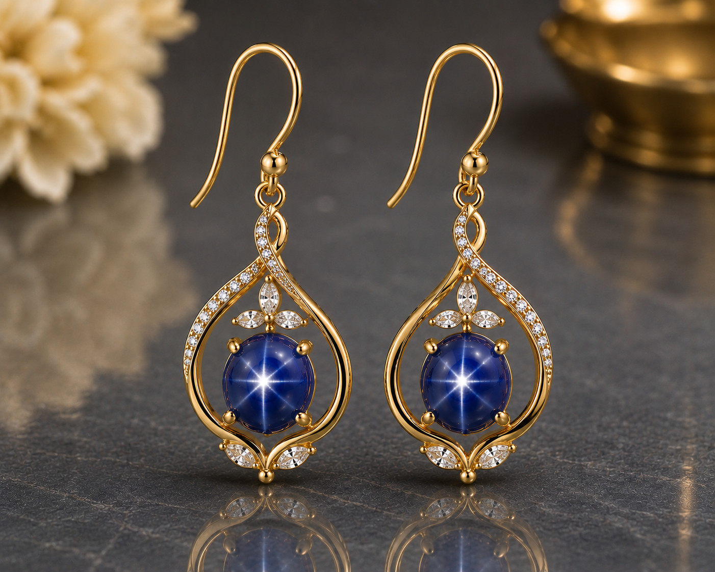 Blue Star Sapphire Drop Earrings 14K Gold Plated Dangle Earrings Crystal Jewelry