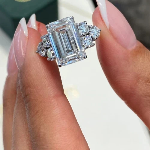 Lab Grown Diamond 6.50 Ct Emerald-Cut Hidden Halo Engagement Ring 14K White Gold