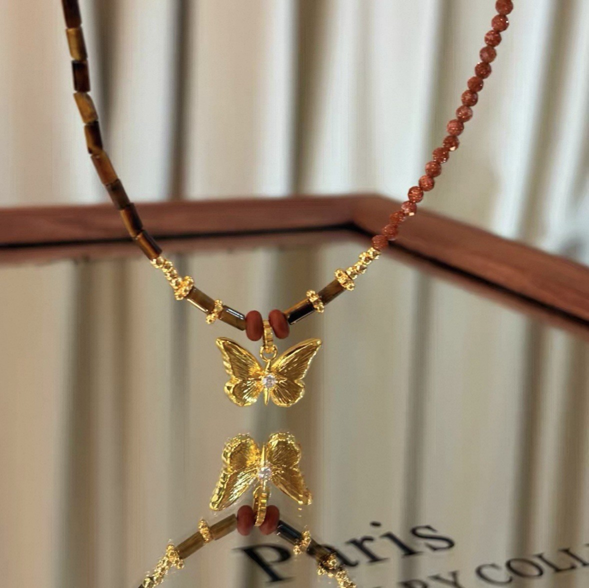 New Sparking Goldstone Tigerite gold plated diamond butterfly pendant necklace