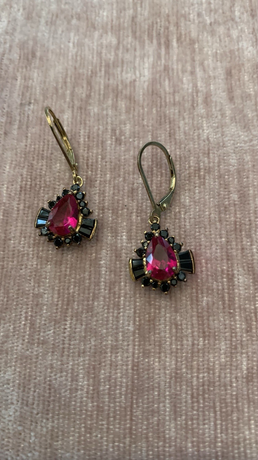 PEAR LAB CREATED RUBY WITH BLACK SPINEL 18K YELLOW GOLD OVER SILVER EARRINGS