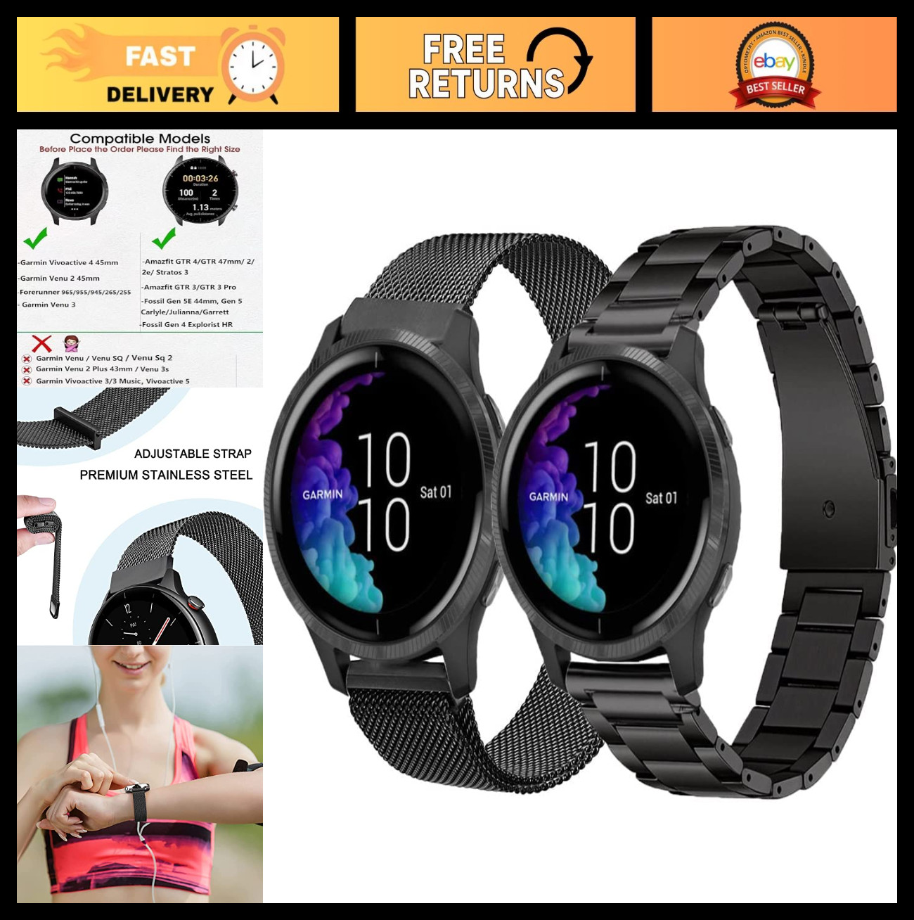 Durable Metal Watch Bands for 22mm Garmin, Amazfit, Ticwatch & Fossil – Unisex B