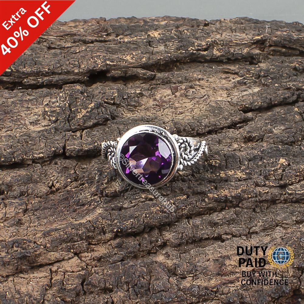 February Birth Round Natural African Amethyst Boho Band Ring 925 Sterling Silver