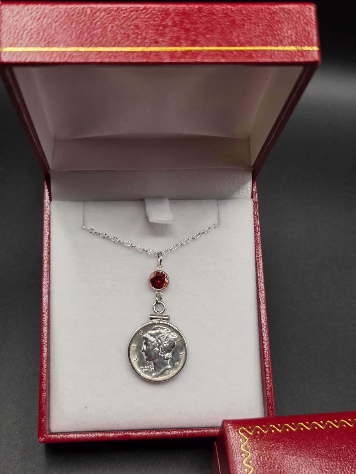 Vintage Mercury Dime Necklace in Sterling Silver 925 / Coin & ruby red CZ stone