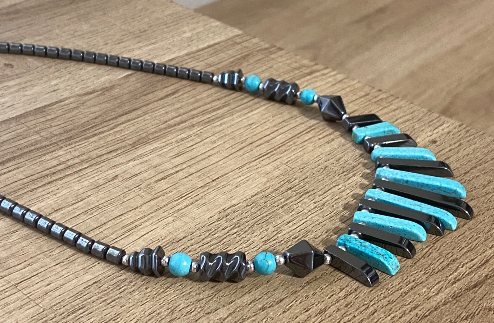 Vintage Turquoise Blue Dyed Gemstone Bib Necklace Carved Polished Shiny Fringe