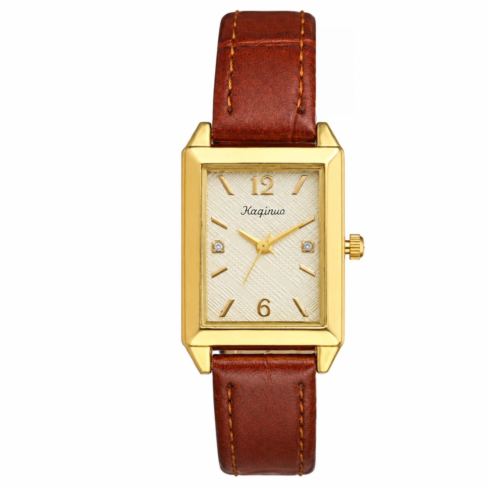 Women Business Rectangle Rhinestone PU Leather Band Wrist Watch for Daily Office