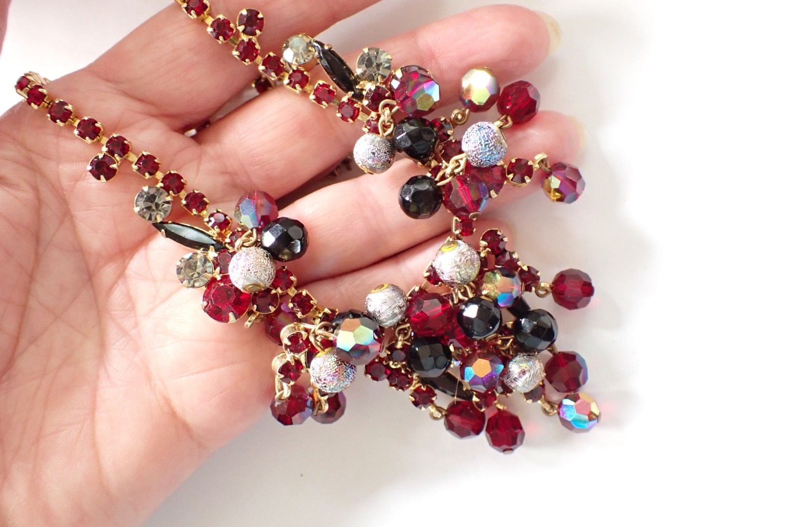 Verified Juliana Vintage Red & Black Cha Cha Necklace Metalized Beads Rhinestone