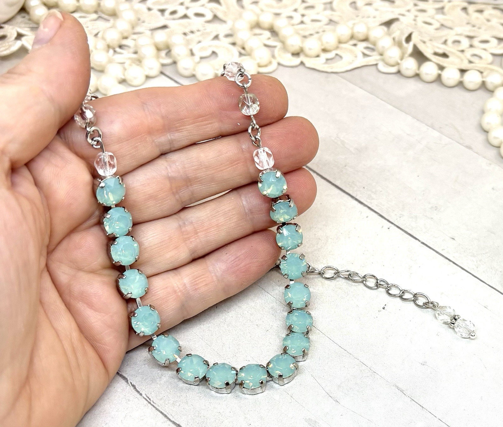 Rhodium Silver Plated Mint Green Pacific Opal Crystal Cup Chain Tennis Necklace