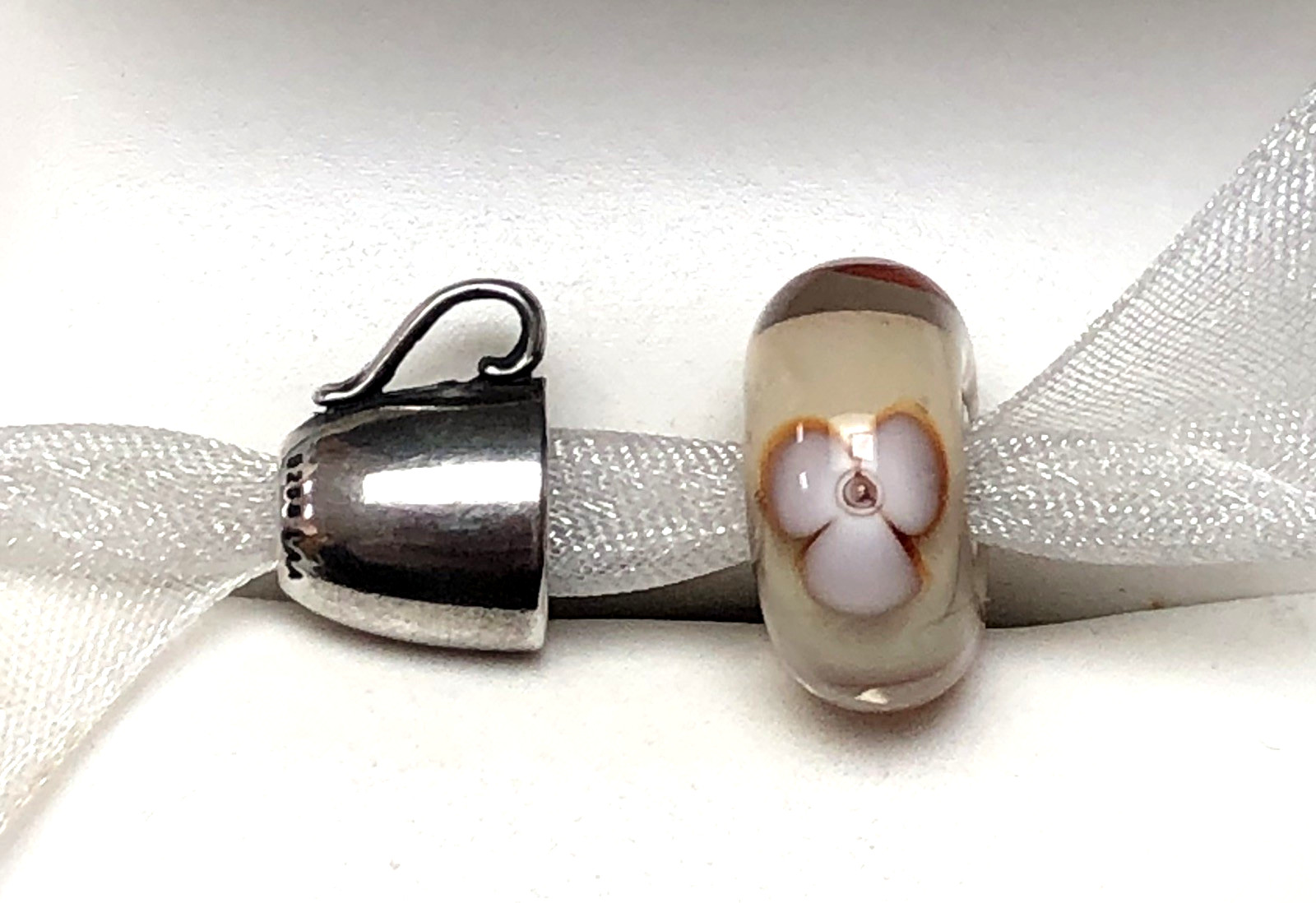 TROLLBEADS (2) RETIRED Cappuccino Flower Bead & Coffee Mug Bead W/Box!! **RARE**