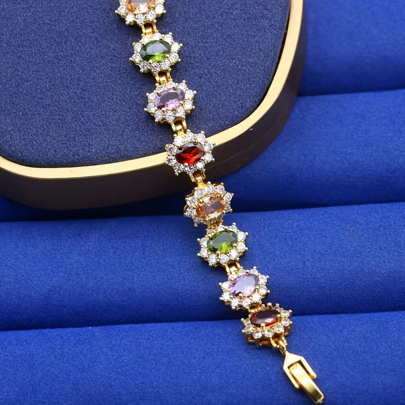 9.00 Ctw Oval Cut Lab-Created Multicolor Halo Bracelet 14K Yellow Gold Plated