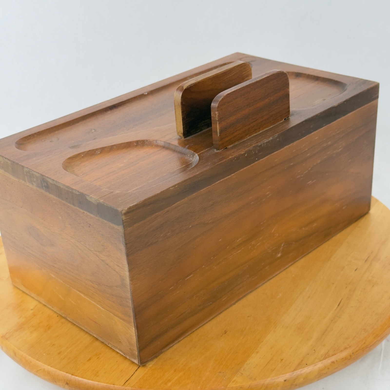 Mid Century Walnut Wood Desk Organizer Jewelry Desk Valet Box w Drawers Catchall
