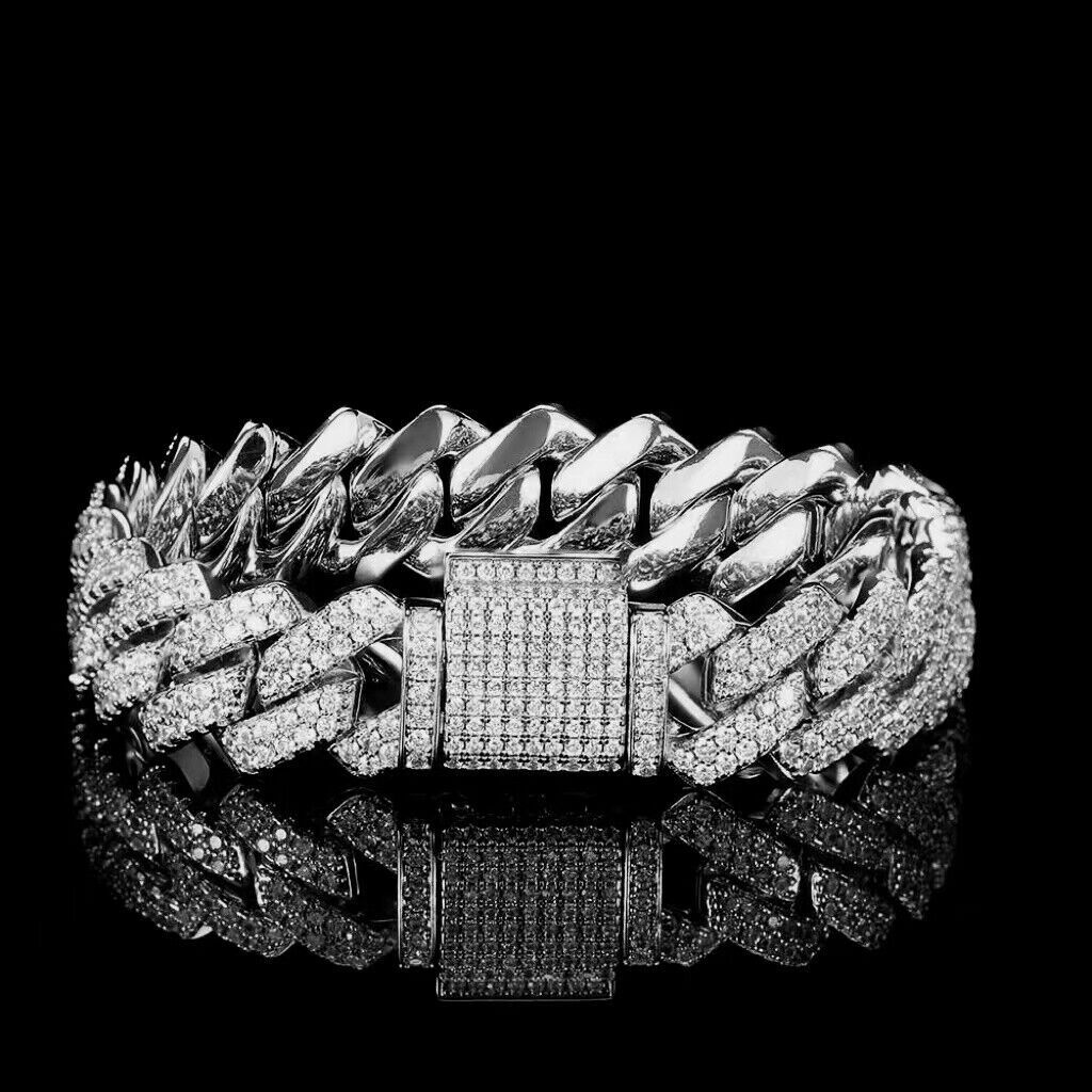 Men’s 15MM White Gold Plated Iced CZ Out Solid Miami Cuban Link Bracelet Chain