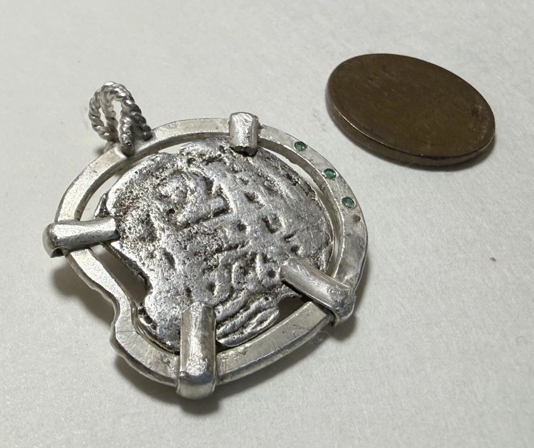 Authentic Spanish-Colonial 2-Reales Silver Shipwreck Cob Coin in Emerald Bezel