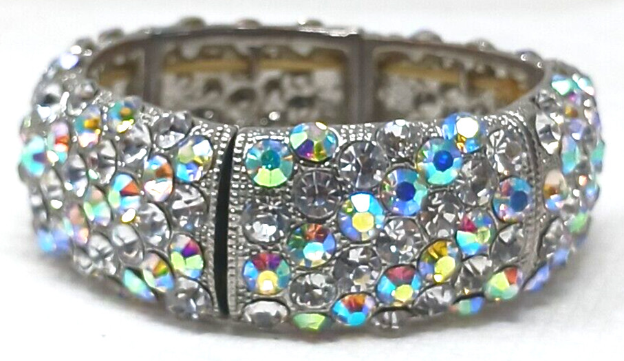 AB Crystal Rhinestone Stretch Bracelet SilverTone Statement BLING Chunky #J10-W