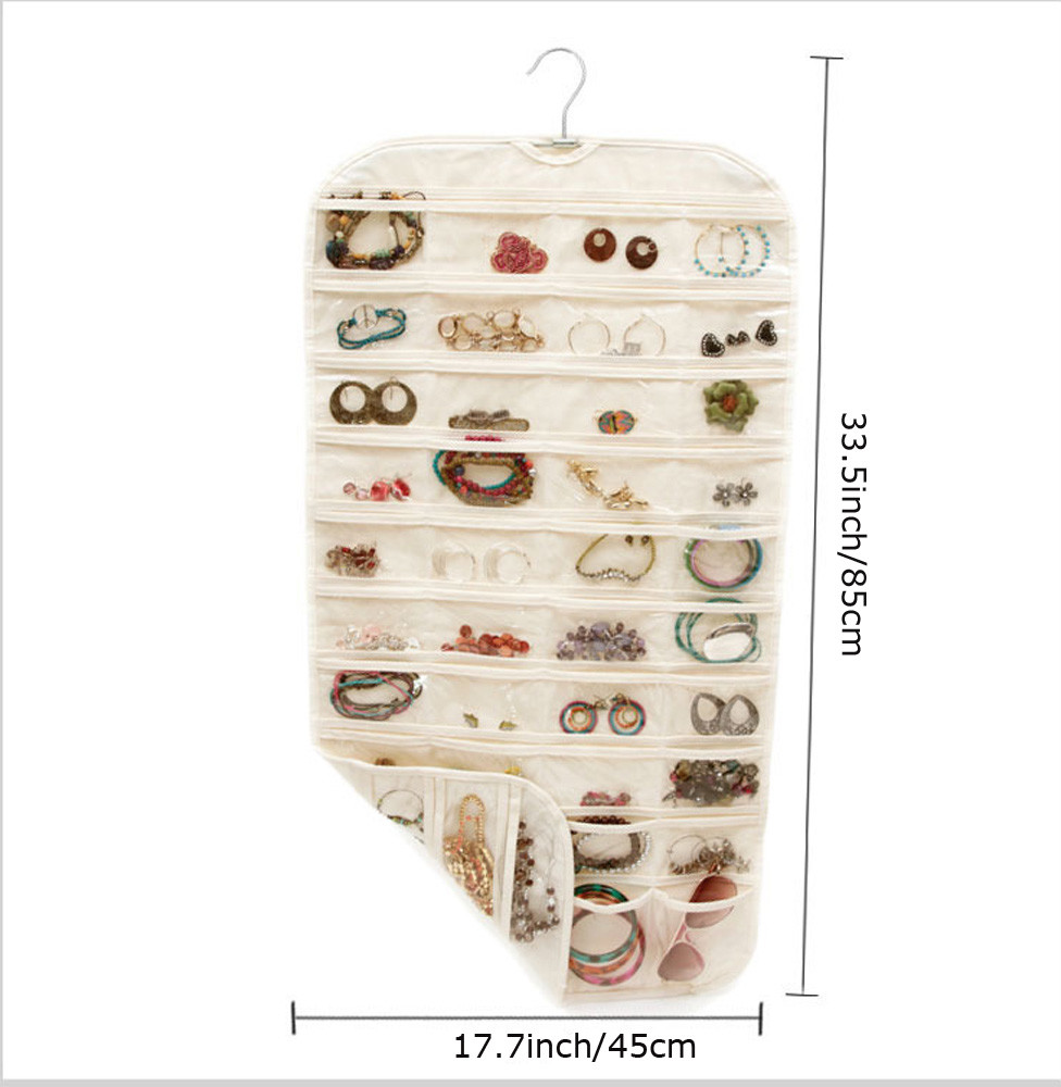 Beige 80 Pocket Double Side Hanging Jewelry Organizer Accessories Holder Storage