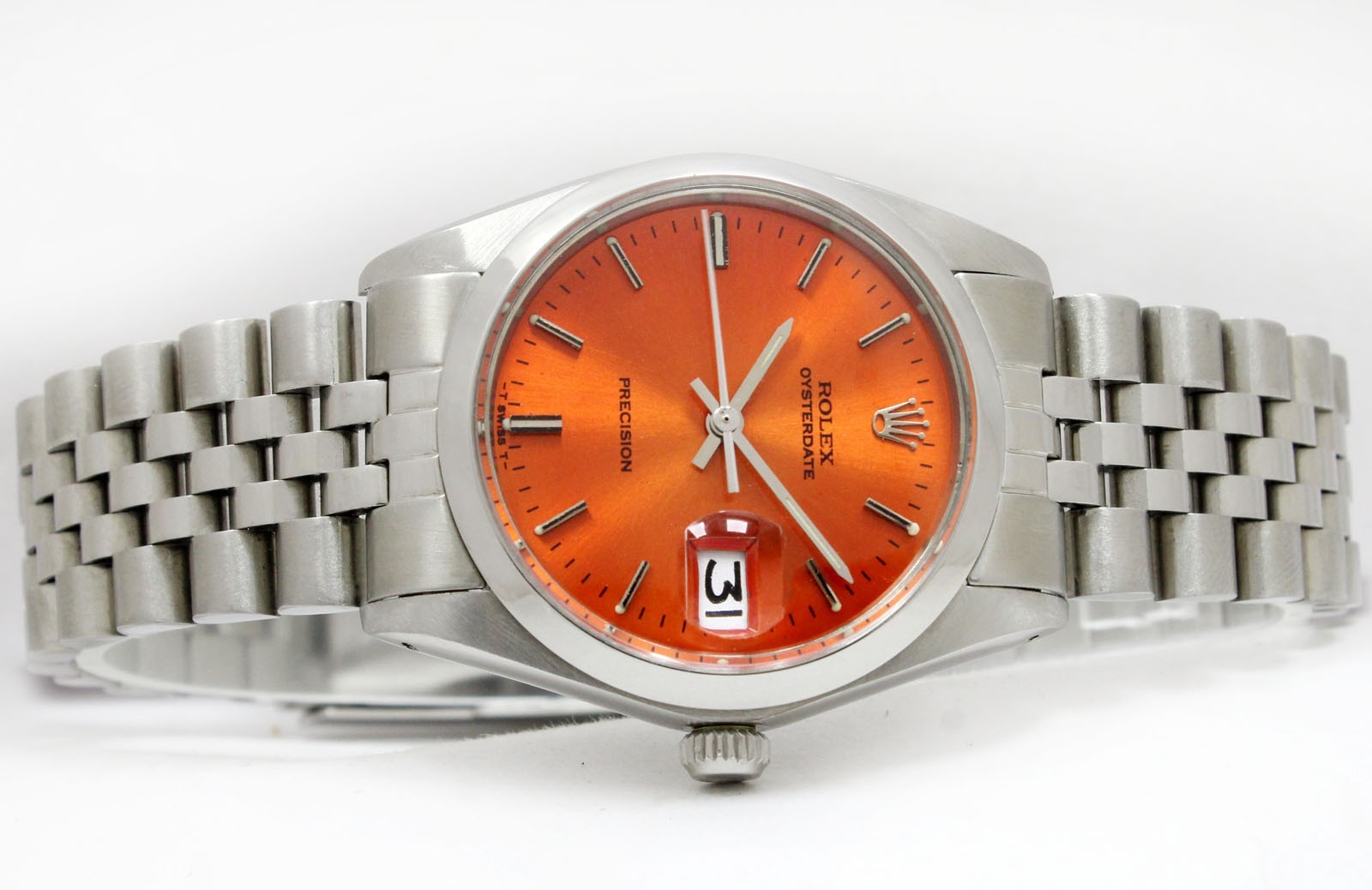 Vintage Rolex Oysterdate Precision Orange Dial 34mm Men Steel Watch Ref 6694