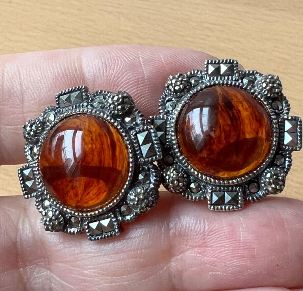 VINTAGE JUDITH JACK LARGE AMBER MARCASITE EARRINGS OMEGA LOCK 925 STERLING SLVER