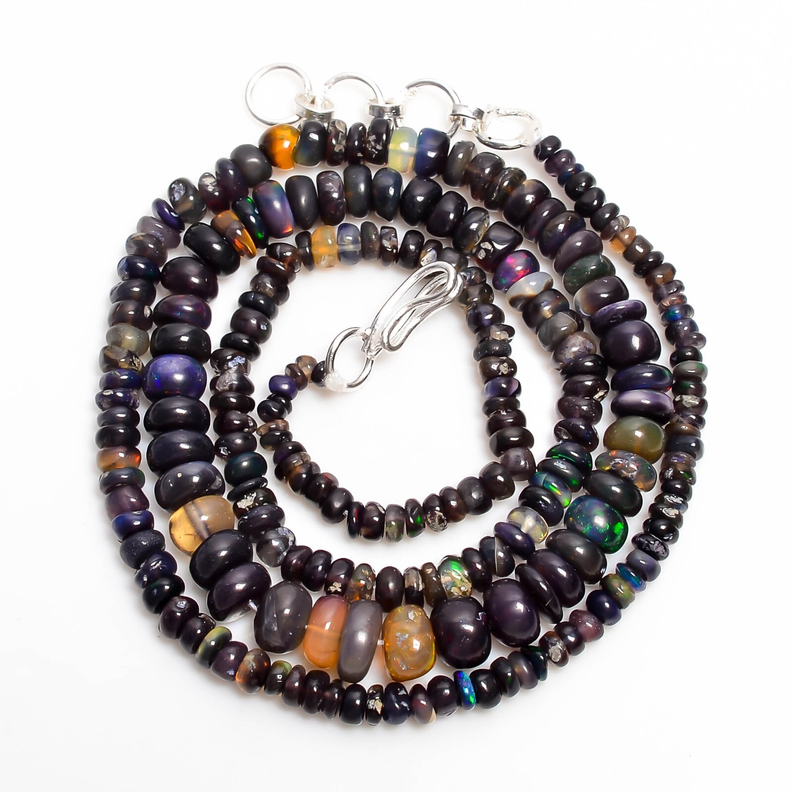 43.5 Ct Natural Black Ethiopian Opal Rondelle Smooth Beads Necklace 17-18″ A4743