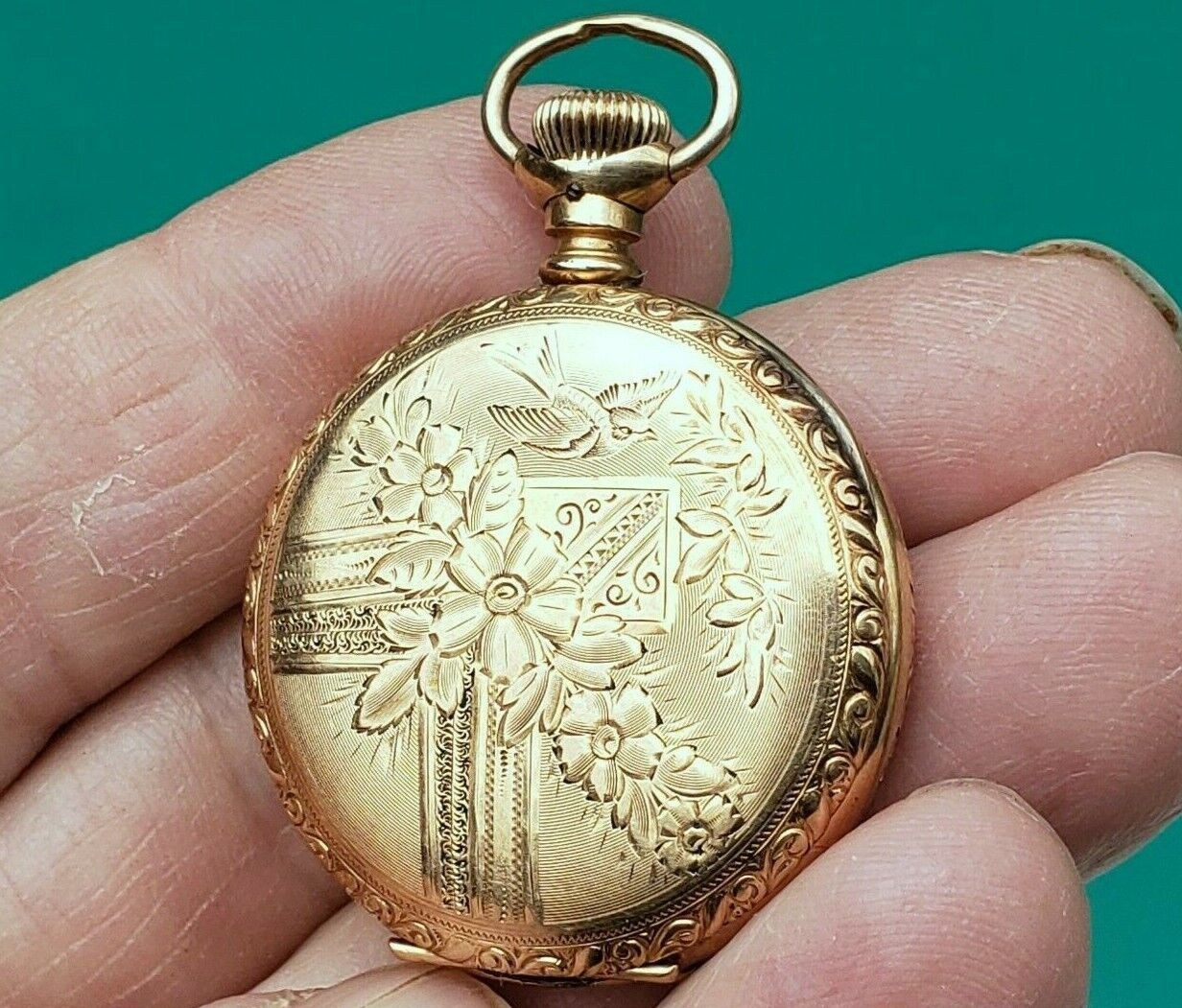 Ladies Pocket Watch 14K Gold Filled Dueber Hampden 3/0s LS Hunter Pendant AS IS