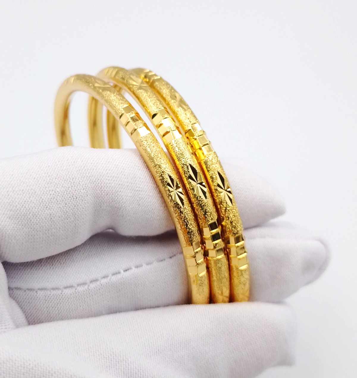 Set 3 Bangle Bracelets 23K 24K Thai Baht Gold GP Filled Women Girls Gift 5.7 cm