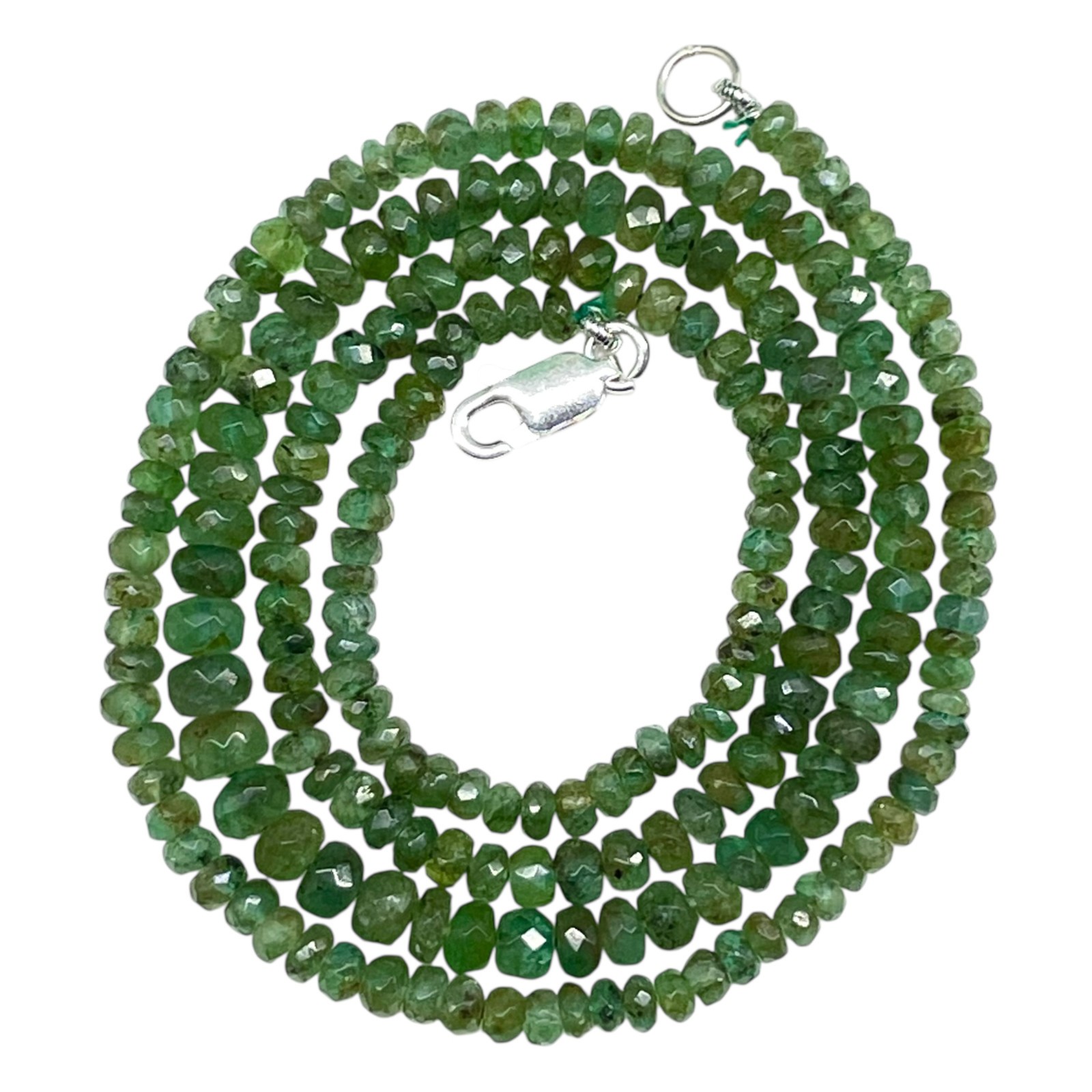 Natural Zambian Emerald Necklace Strand Untreated Faceted Beads 925 Clasp 18 In