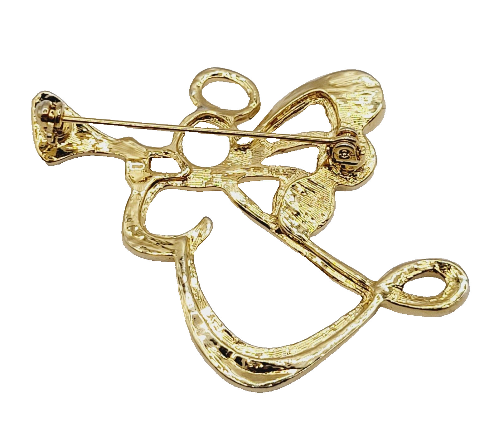 Angel Blowing Trumpet Rhinestone Tipped Wings Shiny Gold Tone Vintage Brooch Pin