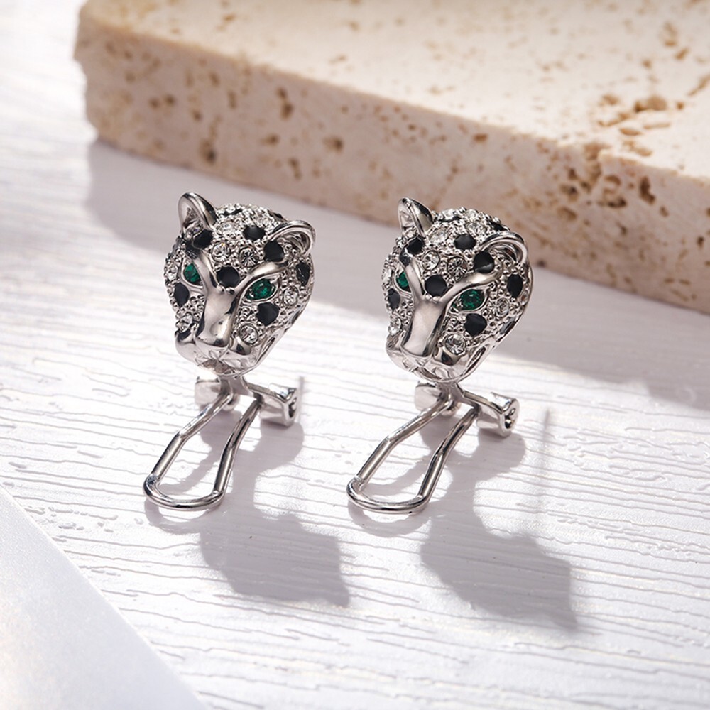 Animal Leopard Panther Jaguar Clear and Black Cubic Zirconia Leverback Earrings