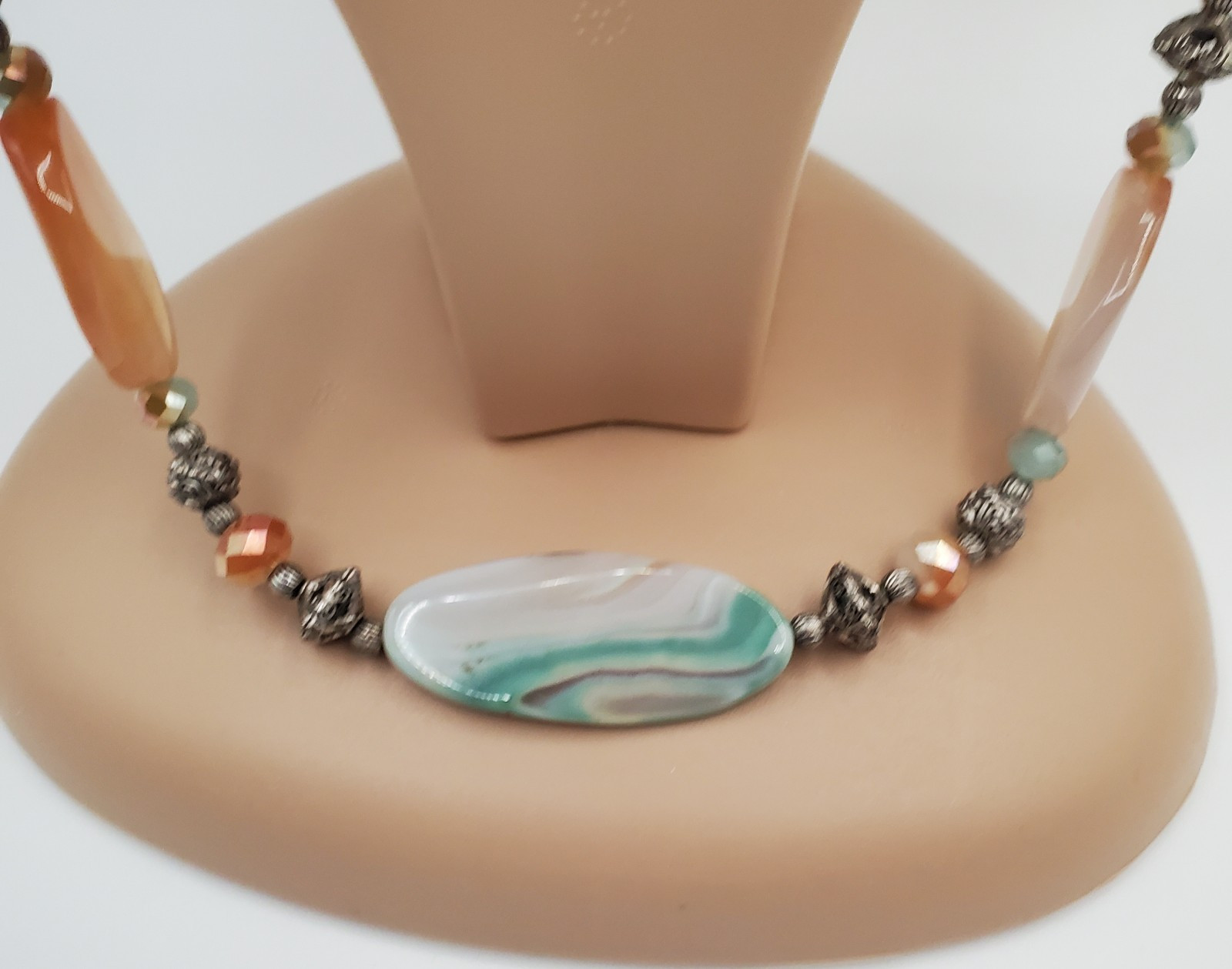 Banded Agate Stone Necklace 32in Peach Aqua Green Brown Polished Natural Beads