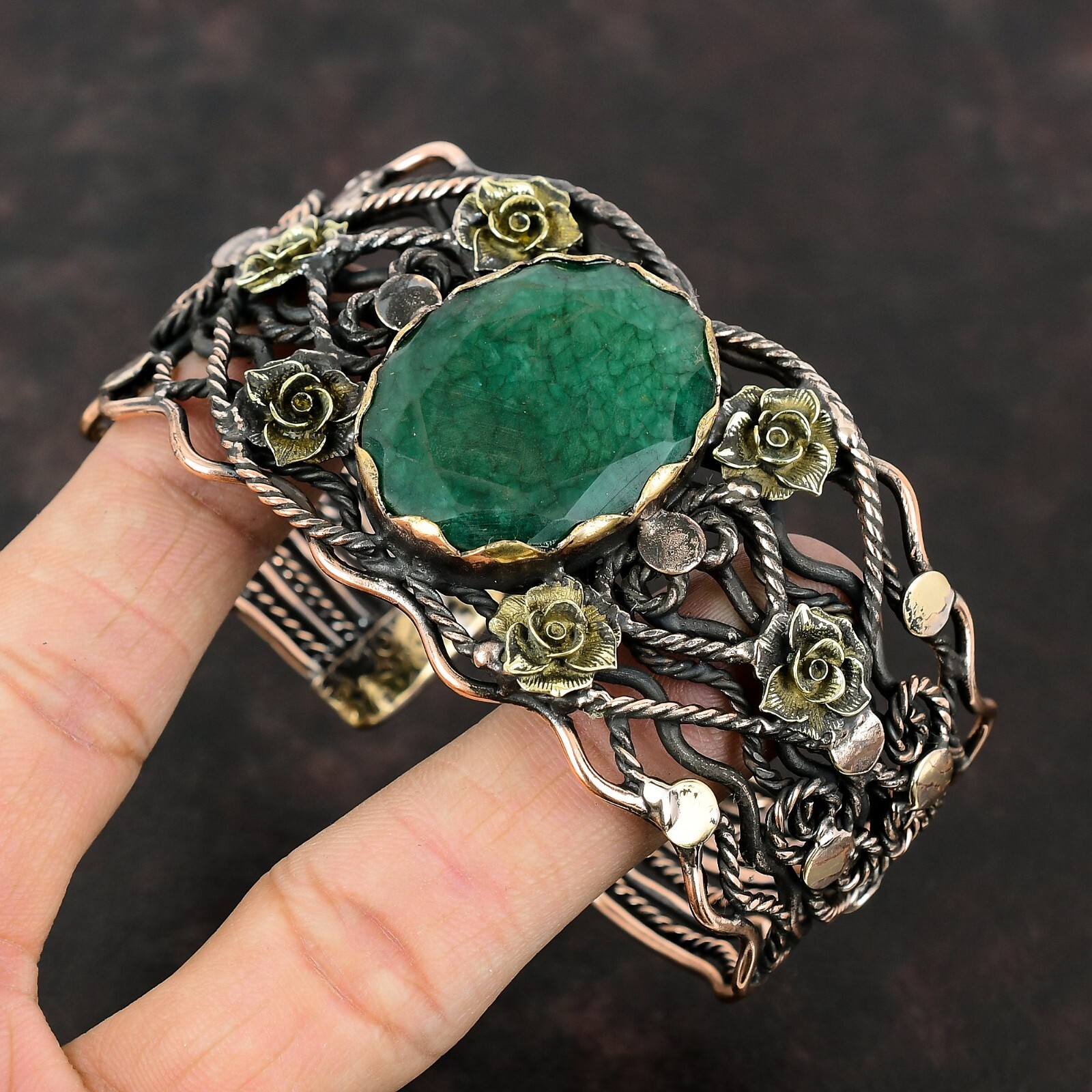 Womens day Sale Zambian Emrald Stone Wire Wrapped Flower Bangle Jewelry Copper