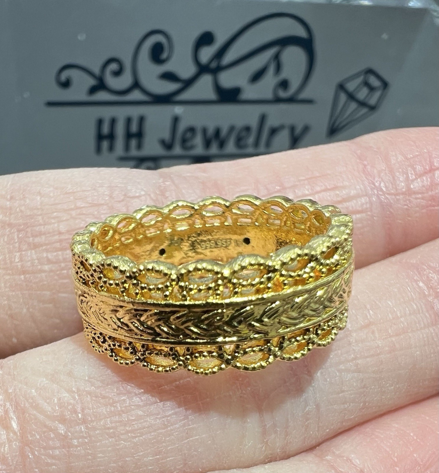 24K Yellow Gold Hollow Wide Diamond Cut Infinity Eternity Ring Band