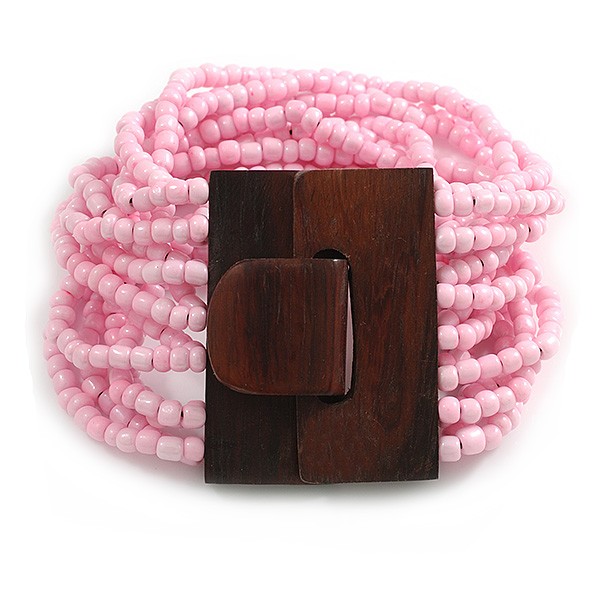 Bubblegum Glass Bead Multistrand Flex Bracelet With Wooden Closure – 18cm L
