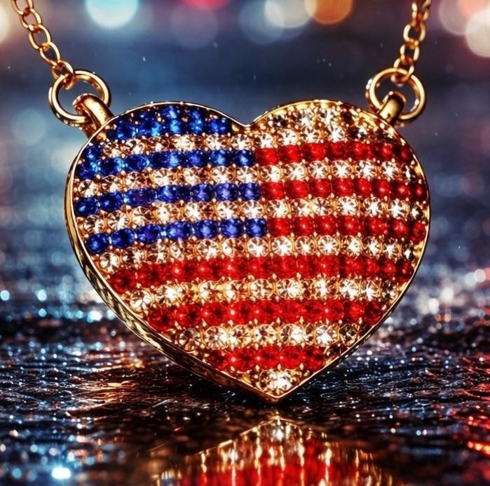 NEW PATRIOTIC FLAG HEART NECKLACE SILVERTONE OR GOLDTONE CRYSTALS FREE SHIPPING