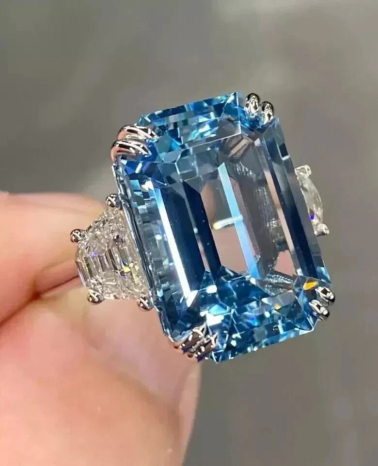 5Ct Emerald Cut Lab Created Blue Topaz Engagement Ring In 14k White Gold Plated