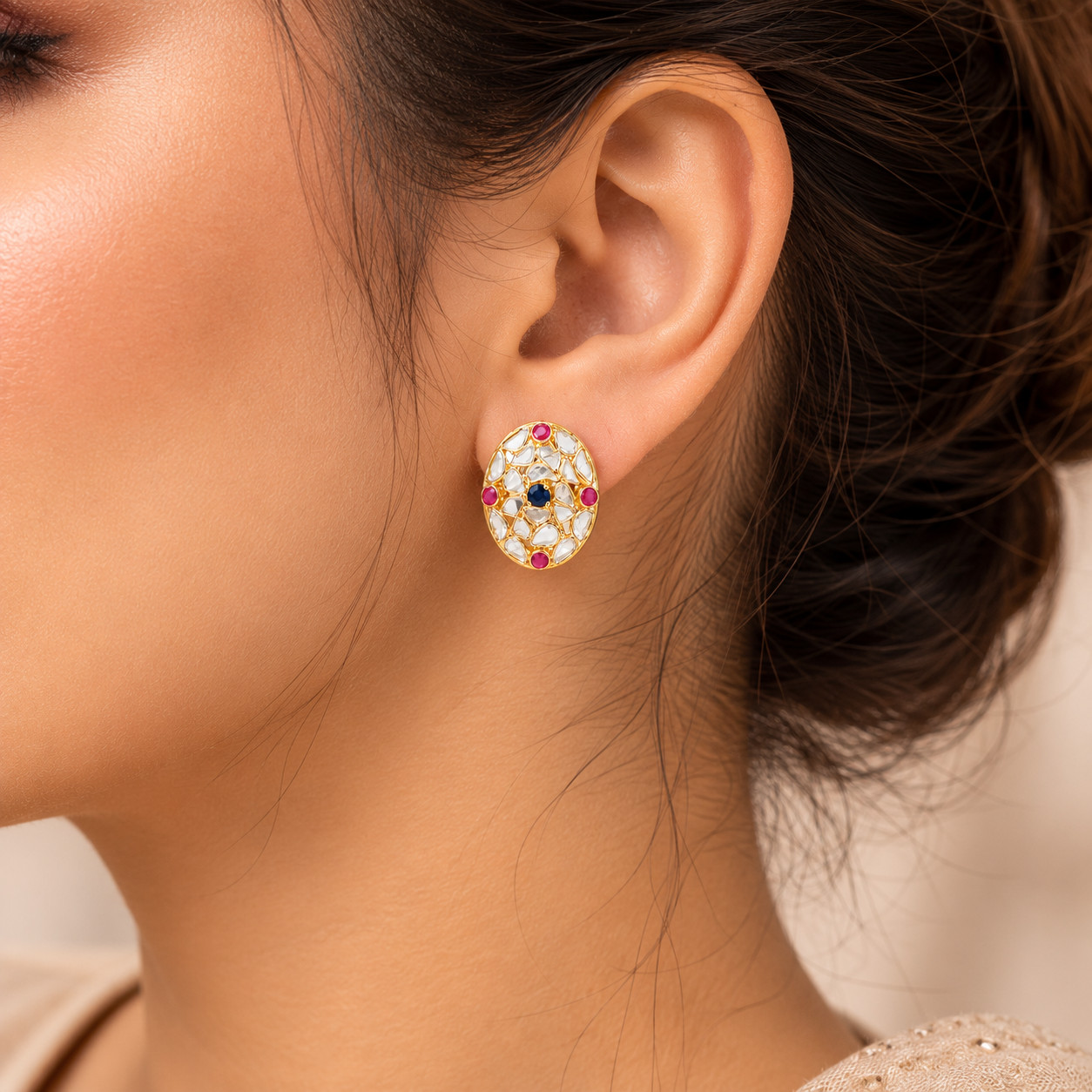 Natural Polki Stud Earrings 925 Sterling Silver Handmade Bridal Wedding Gift